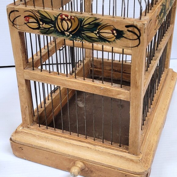Wood Bird Cage Folk Victorian Tole Painted Flowers Wood Metal Tray Bottom - Picture 5 of 14